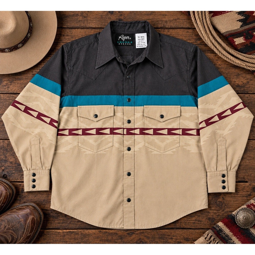 Vintage Roper Border Western Shirt 16 16.5 Tall Man NOS NWT Made USA Southwest